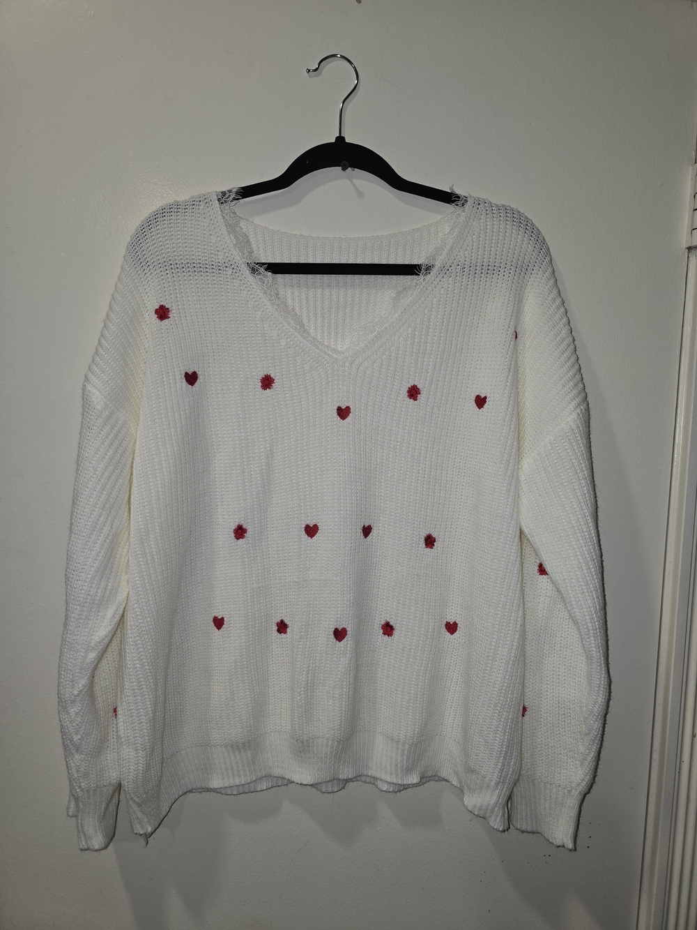 SHEIN White V-Neck Sweater with Red Heart Accents